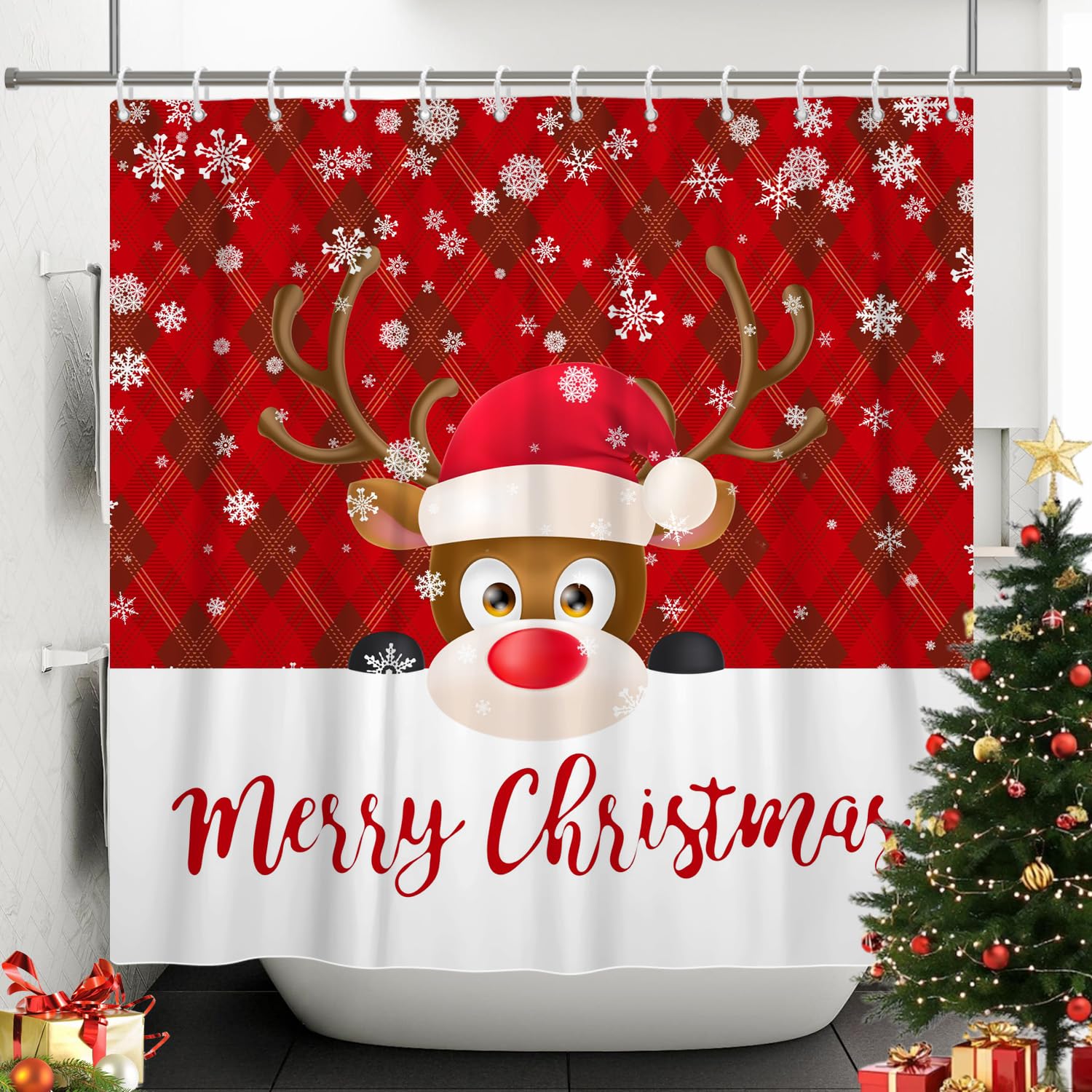 SDOTPMT 140x183cm Cute Cartoon Reindeer with Red Hat Shower Curtain Merry Christmas Festive Red Grids Bath Curtain Winter Holiday Snowflakes Shower