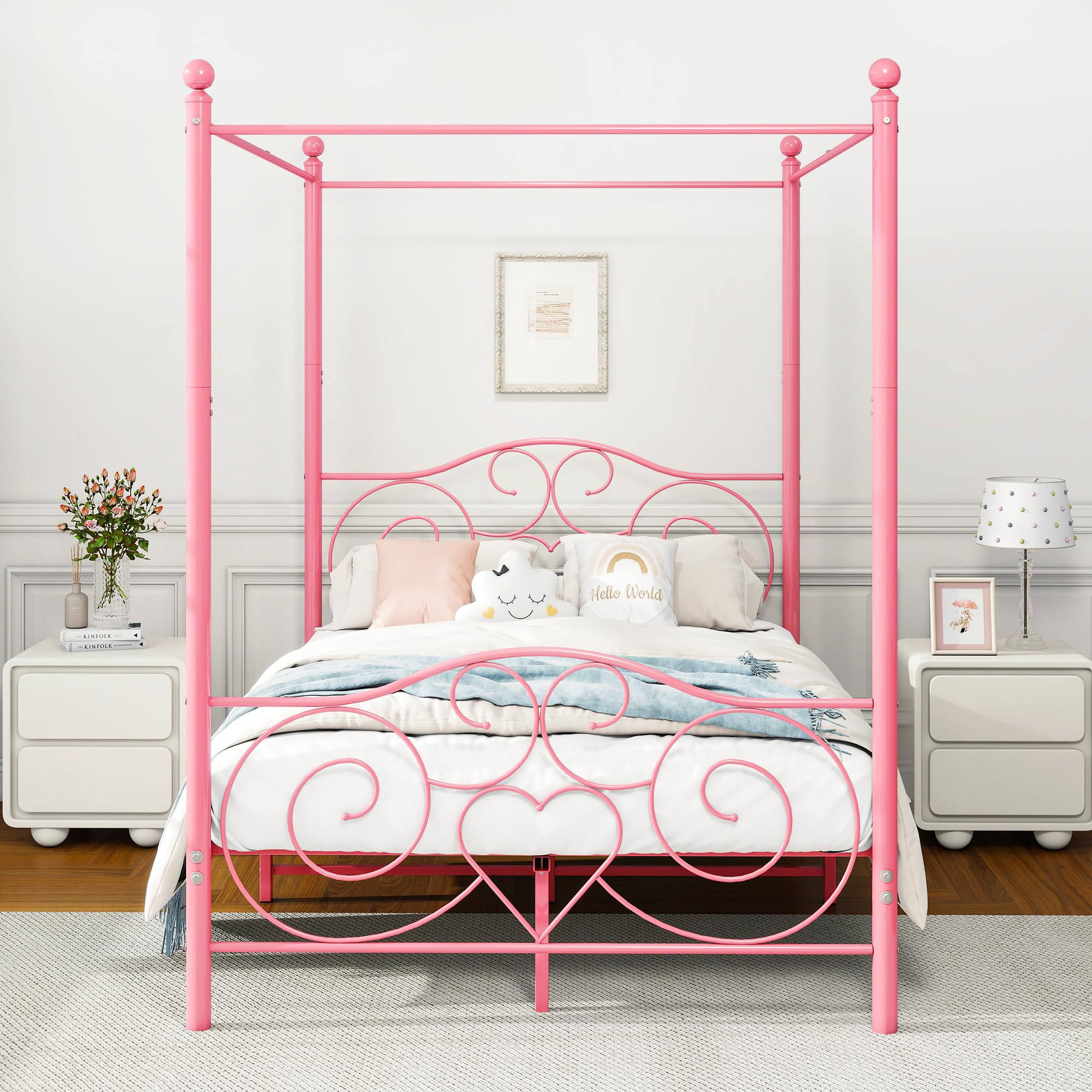 HAHRIR Double Canopy Bed Frame with Vintage Headboard & Footboard, Pink