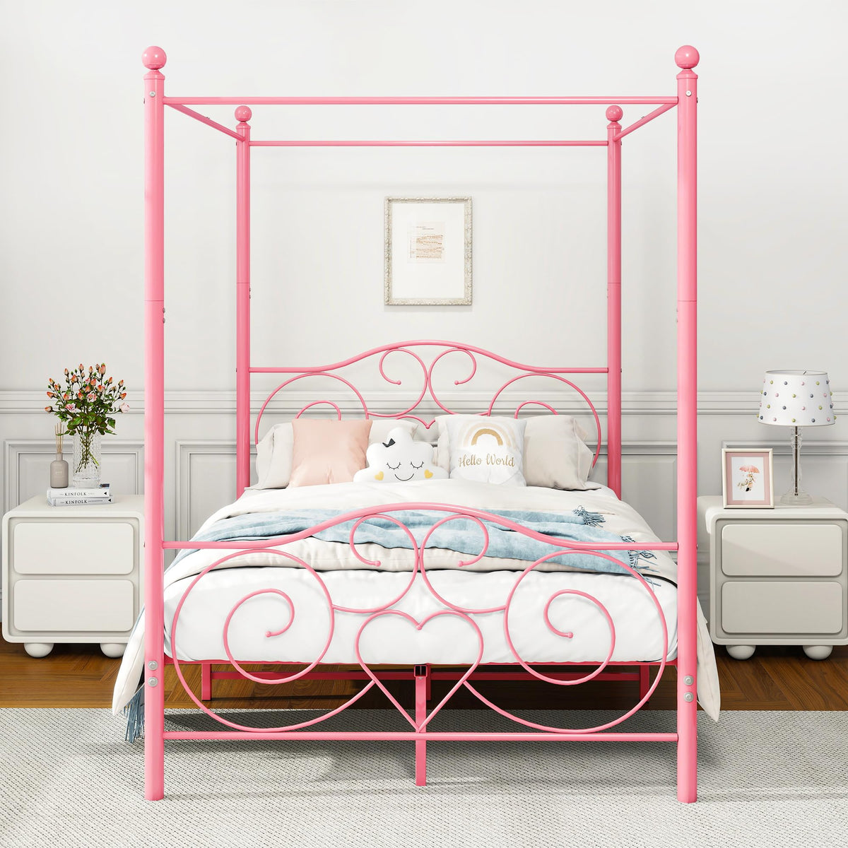 HAHRIR Double Canopy Bed Frame with Vintage Headboard & Footboard, Pink