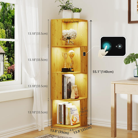 55.1 " Corner Wood Bookcase with Body Sensor LED for Home Office,Natural