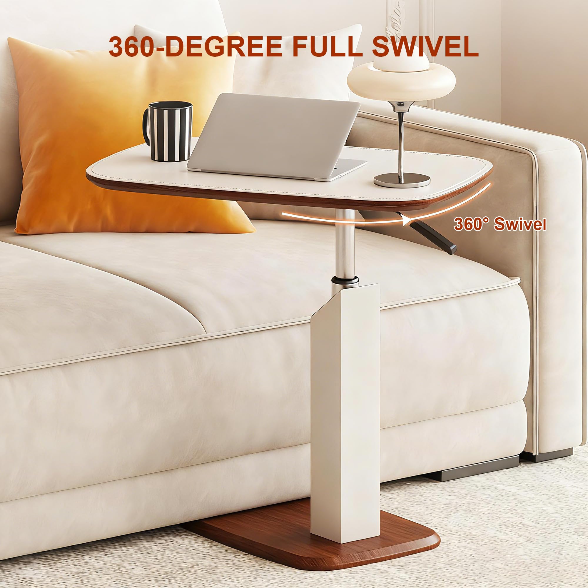 liameya Adjustable Height C Shaped Side Table with Pneumatic Lift, 360° Swivel & Hidden Wheels, Sofa End Tables that Slide under