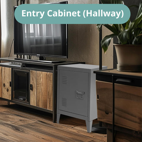 FurnitureR, Storage Unit, Small Filing Cabinet, Metal Cupboard with Flush Doors, 2 Compartments, Garage, Office, Grey, 30.5 x 40.5 x 57.5cm