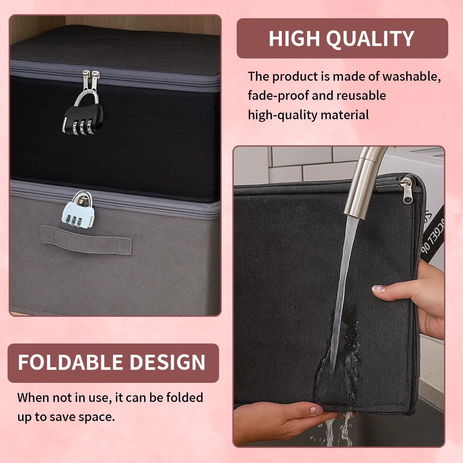 Lockable Storage Box, 2 Pack with Combination Locks, Secure Fabric Storage Box with Lock for Wardrobe, Under-Bed, Dorm Room, Travel