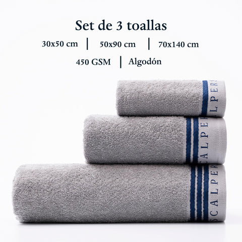 Scalpers Home Bath Towel Set (Vanity 30 x 50 cm + Hands 50 x 90 cm + Bath 70 x 140 cm) 450 GSM Cotton Grey with Blue Home
