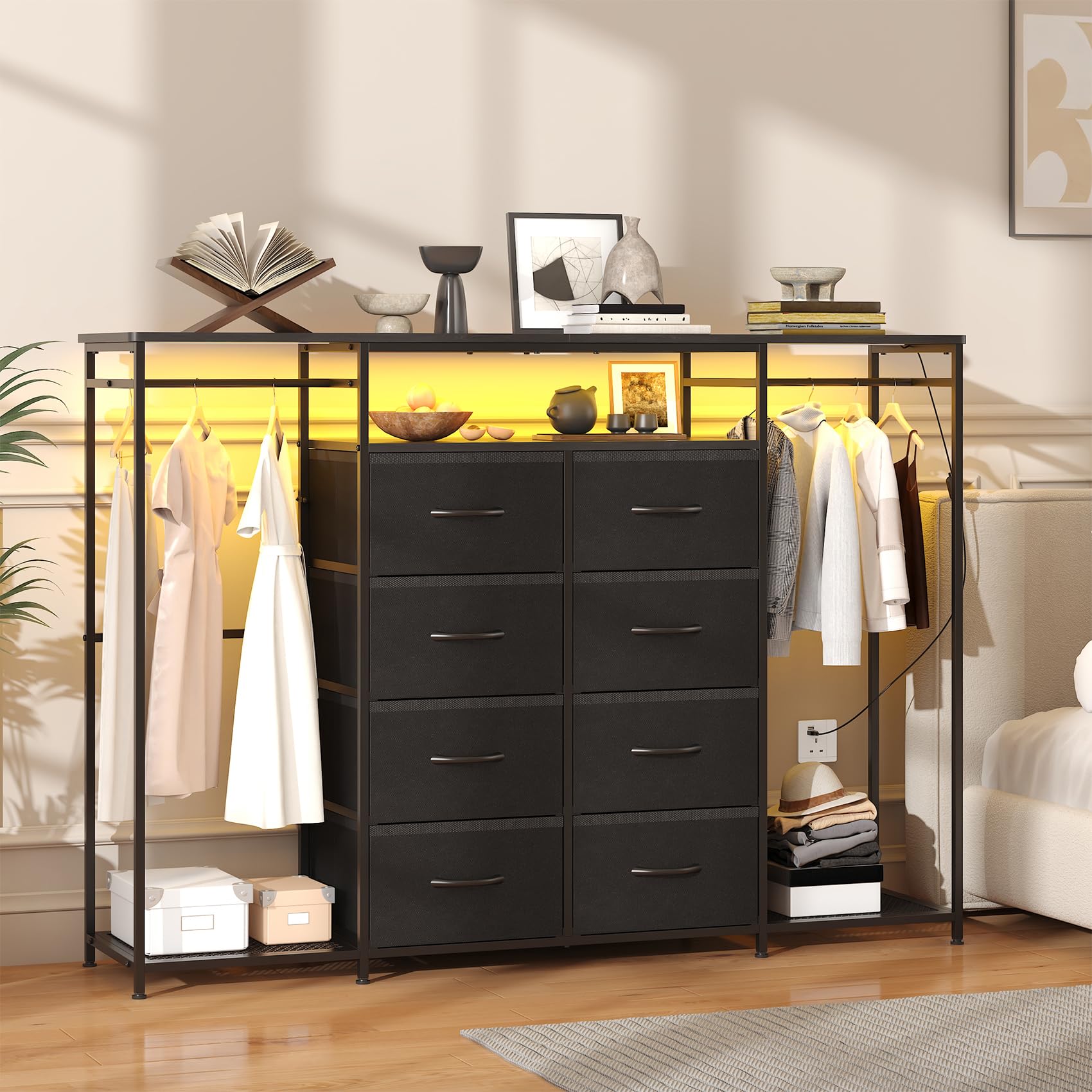 Feonase 8-Drawer Dresser for Bedroom with Hanging Rack, LED Lights, Fabric Drawers, Metal Frame & Wooden Top
