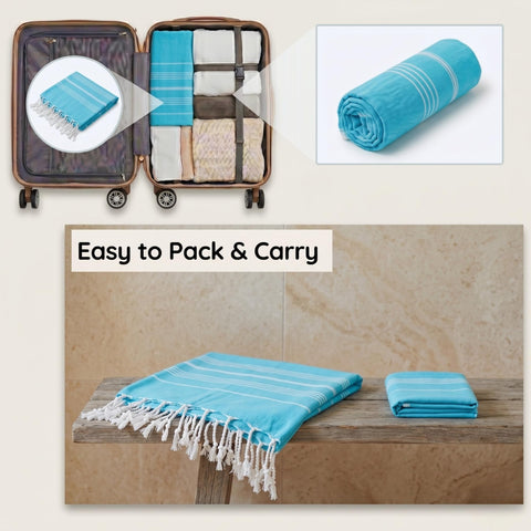 Blue Beach Turkish Towel - 100x180cm Large Turkish Hammam Peshtemal Towel - Super Absorbent, Quick Dry, Sand Free, Lightweight
