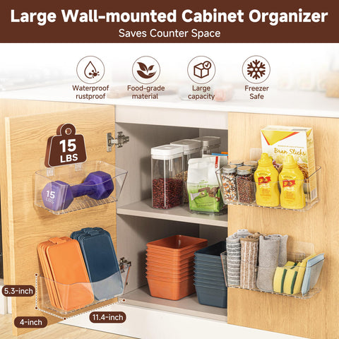 MURGVEA 2-Pack Cupboard Storage Organisers, Clear Plastic Pantry Storage Boxes, Large Adhesive Cabinet Door Organizerer Space Saving Storage Bins for