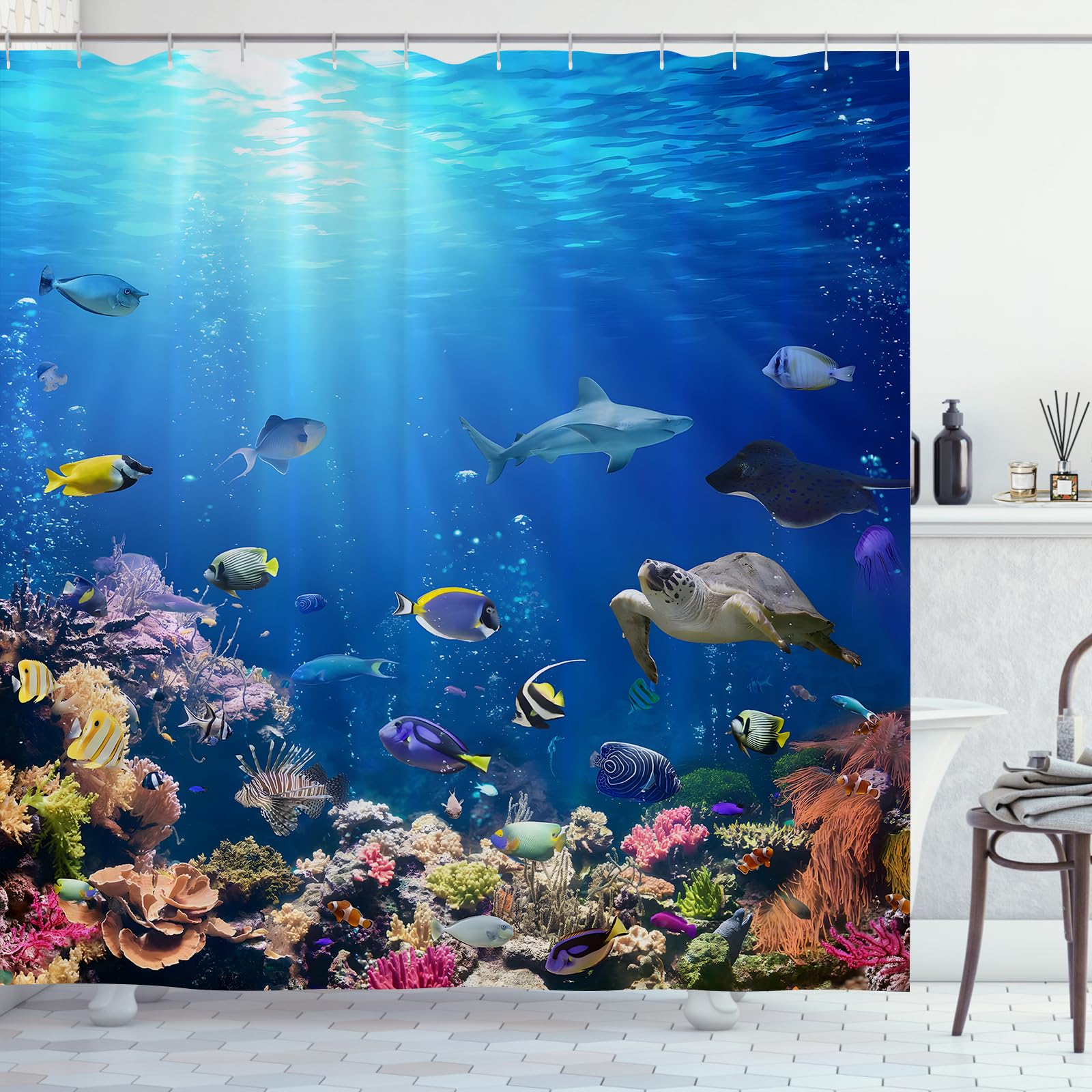 Summer Fish Shower Curtain for Men, Ocean Underwater World Blue Waterproof Bath Curtains, Quick Dry Sea Turtles Decorate Women Bathtub Curtains