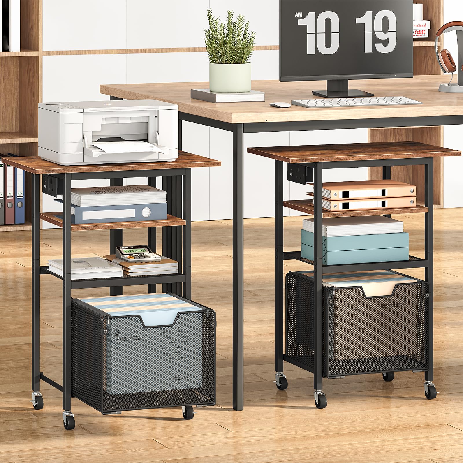 HOOBRO Printer Stand with Charging Station, Rolling Printer Table with File Drawer, 4-Tier Mobile Printer Cart with AC Outlet, Type-C & USB-A Ports