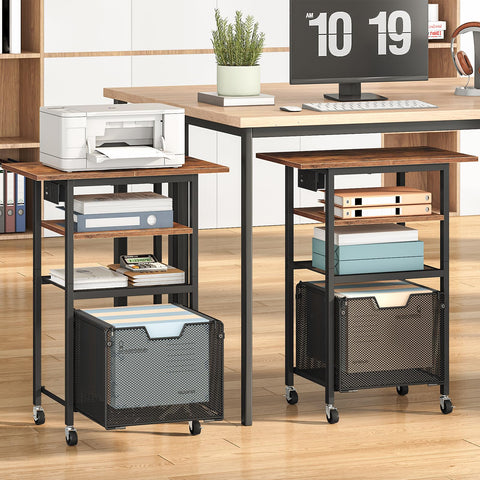 HOOBRO Printer Stand with Charging Station, Rolling Printer Table with File Drawer, 4-Tier Mobile Printer Cart with AC Outlet, Type-C & USB-A Ports