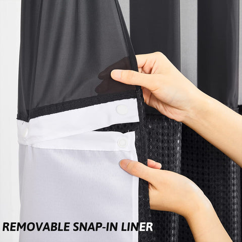 Furlinic Shower Curtain Hookless Black Jacquard Waffle Fabric 75inch Long Weighted Anti Mould with White Polyester Snap in Liner and Mesh Curtains