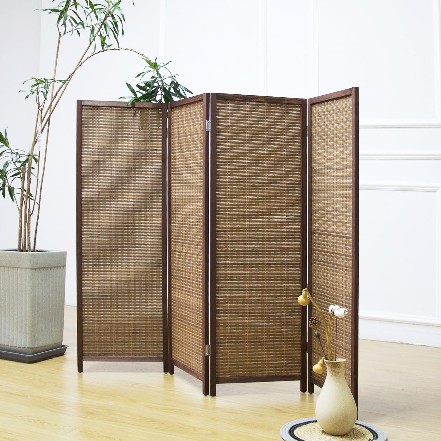 Furnnylane 4 Panel Bamboo Room Divider Short Folding Screen Divider,Double Sided Bamboo Divider Screen for Room Separation,Brown,120 cm H x 156 cm W