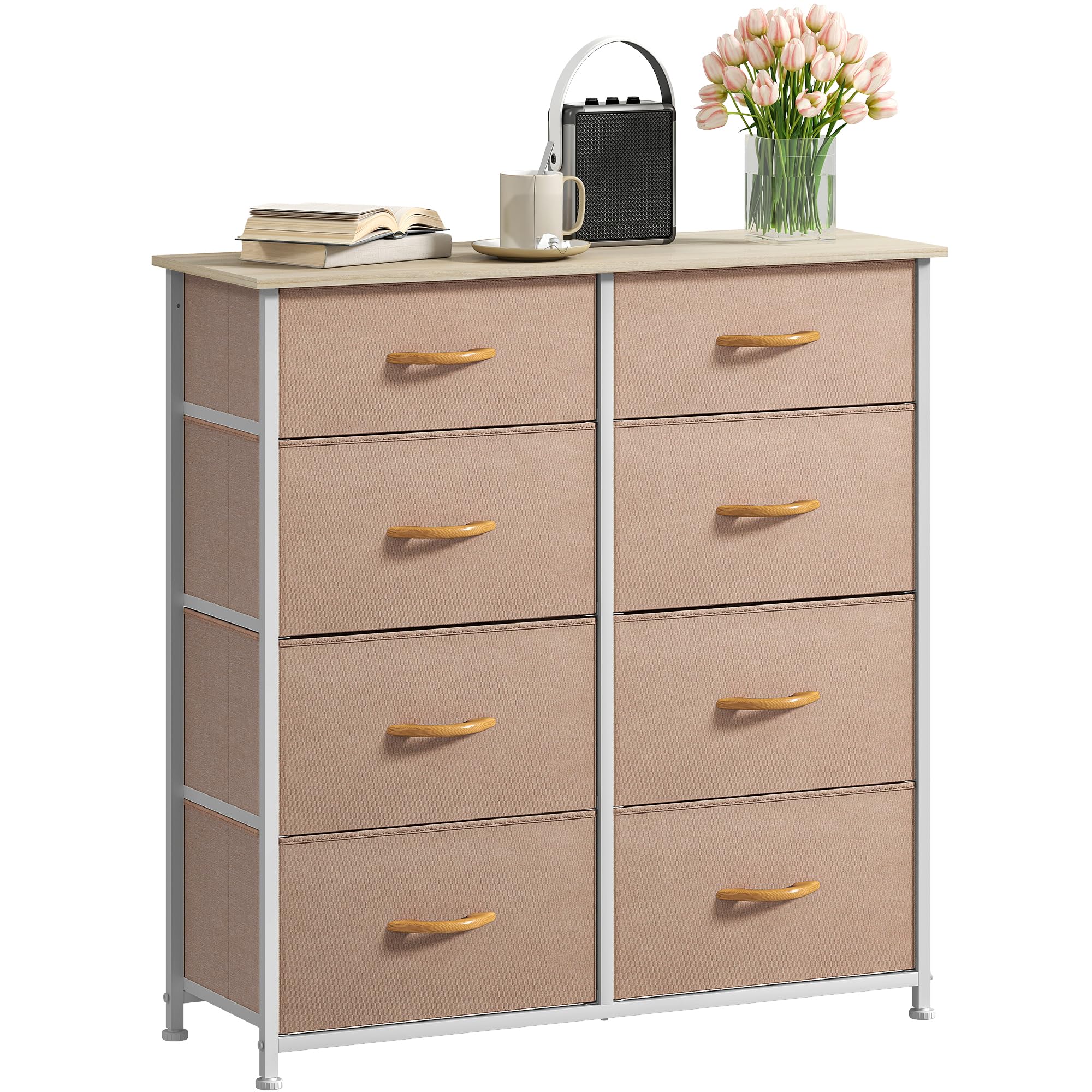 DWVO Chest of Drawers,Fabric Chest of Drawers Bedroom Cabinet with 8 Drawers,Dresser for Bedroom,Living Room With Handles,Wood Top and Sturdy Steel
