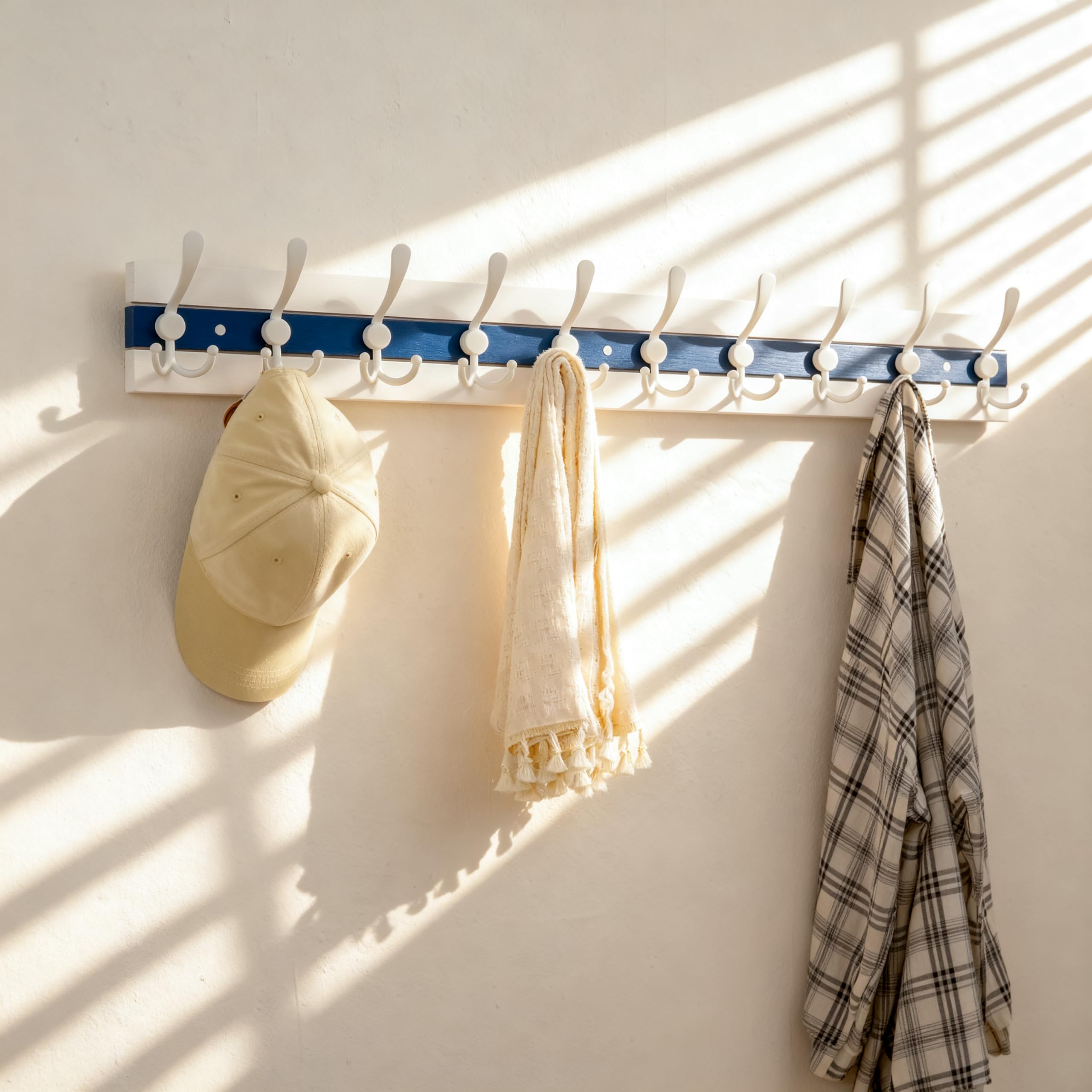 SKOLOO Coastal Wall Mounted Coat Rack - 97cm Beach House Entryway Wooden Coat Hook with 10 Hooks for Hanging Coats, Hats or Towels