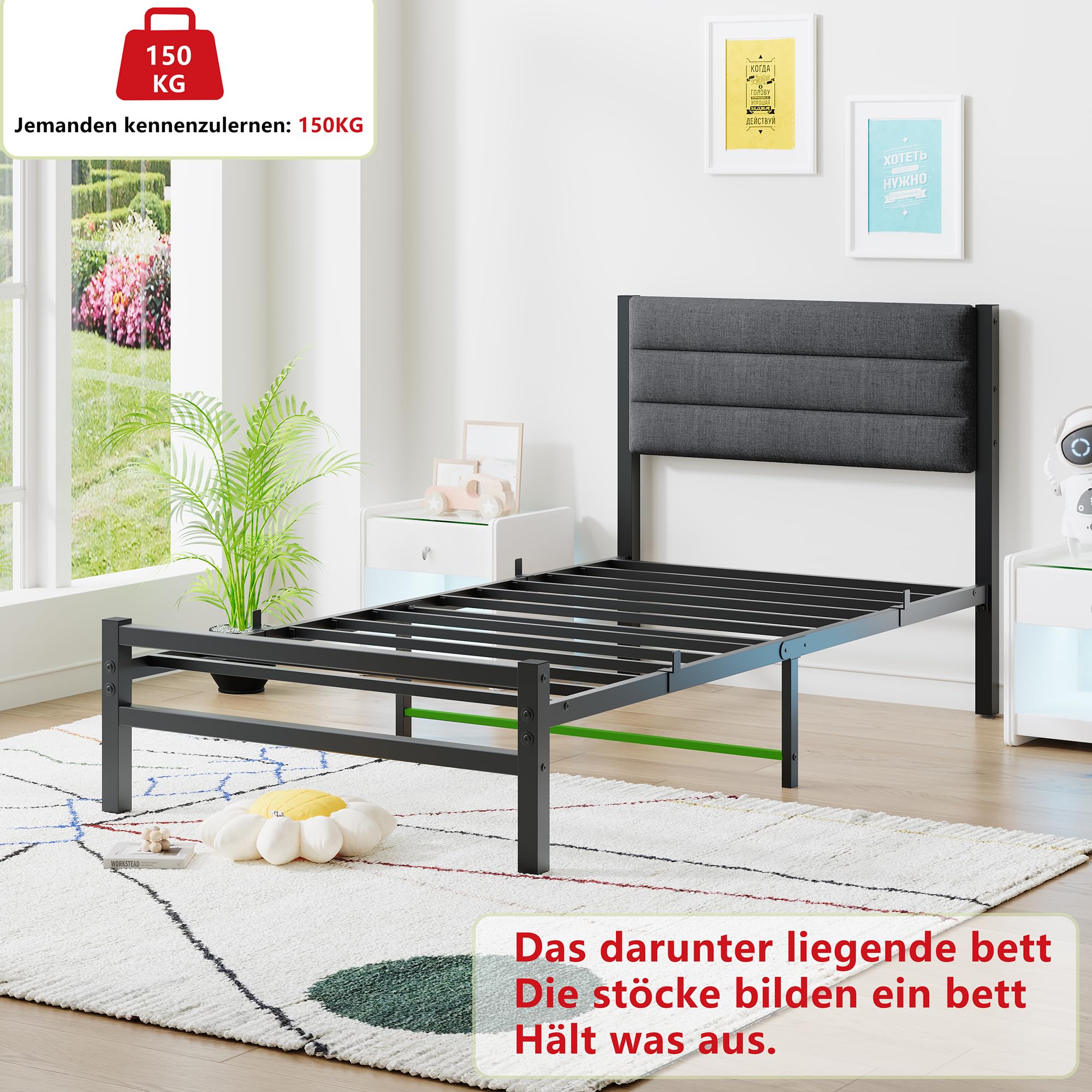 JUISSANO Upholstered Bed 90 x 200 cm Youth Bed Single Bed Metal Bed Frame Bed 90 x 200 cm with Metal Slatted Frame
