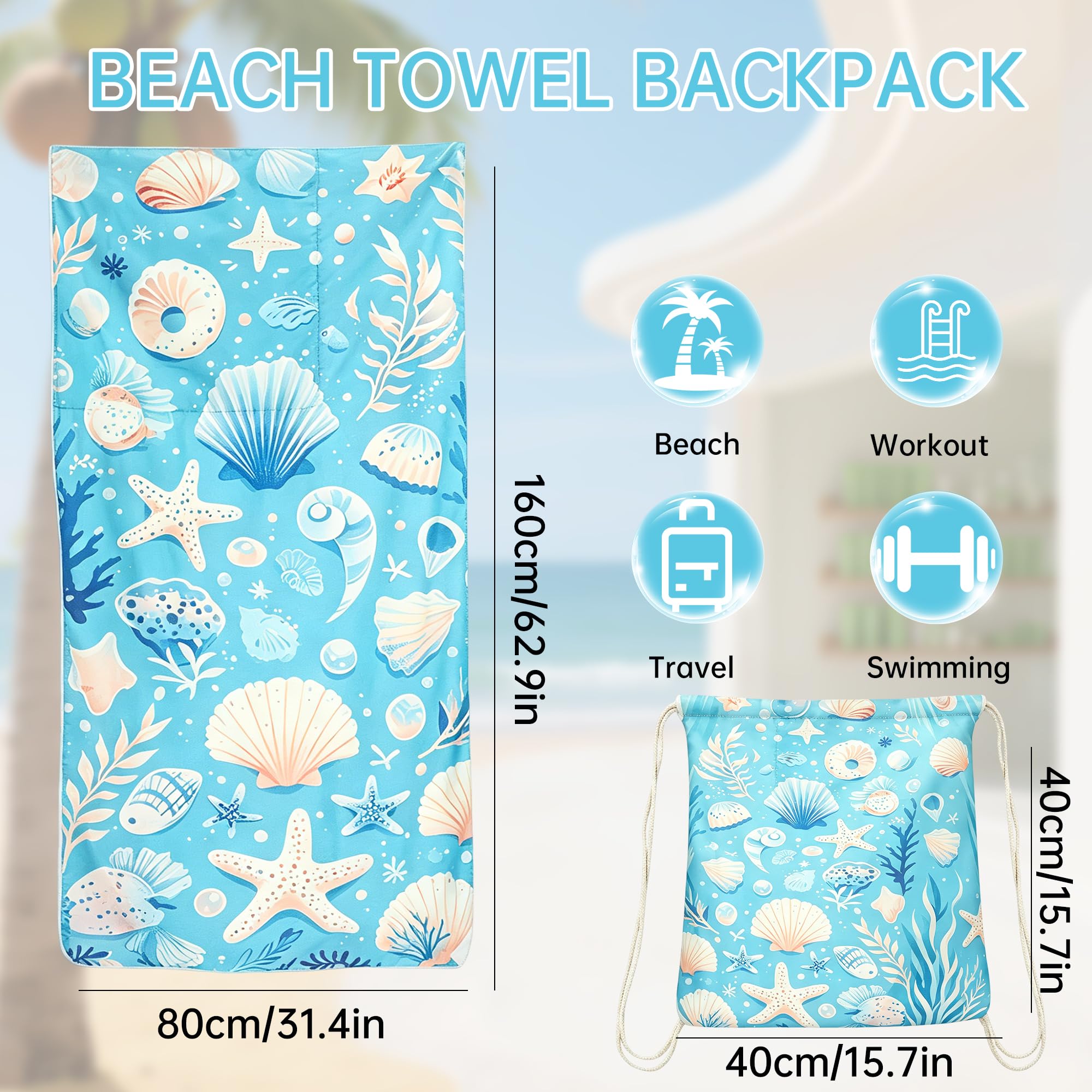 Senshuomy 2-in-1 Beach Towel Bag, Convertible Drawstring Beach Towel Backpack, Sand Free Quick Dry Microfiber Beach Towel for Adults