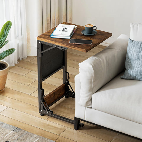 Mutool C-Shaped Sofa Table, Foldable Side Table Bedside Table with Storage Bag, Metal Frame Coffee Table for Living Room Bedroom Office (Rustic Brown)