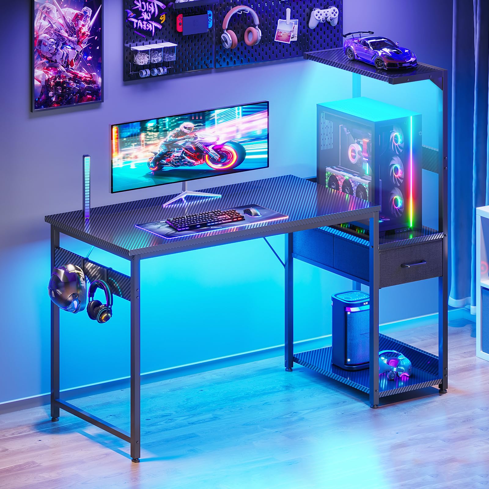 Coleshome 120×48 cm Gaming Desk with LED Lights, Carbon Fiber Black