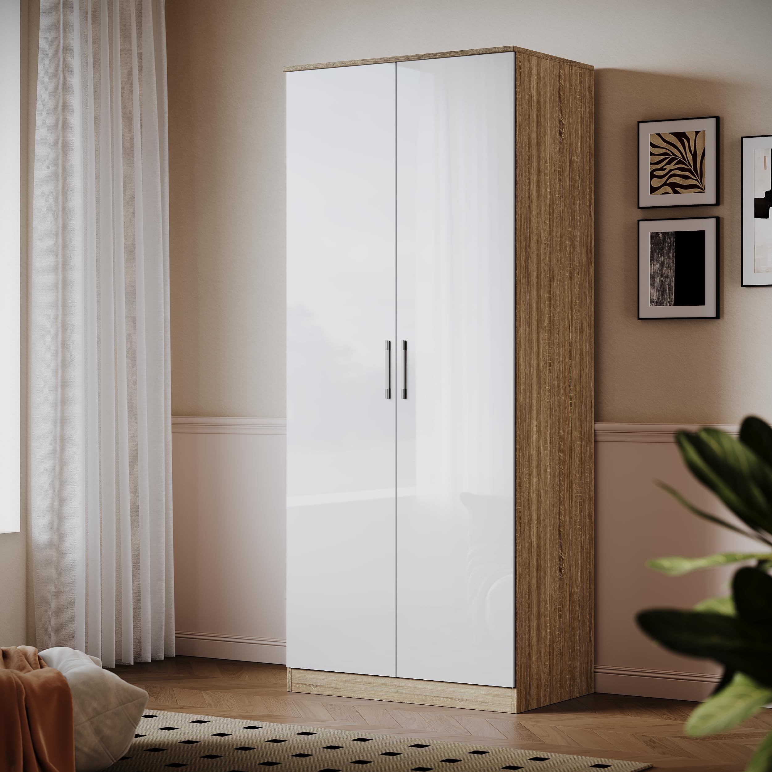 ELEGANT Soft Close 2 Door Wardrobe High Gloss White-Oak, 178x76x47cm