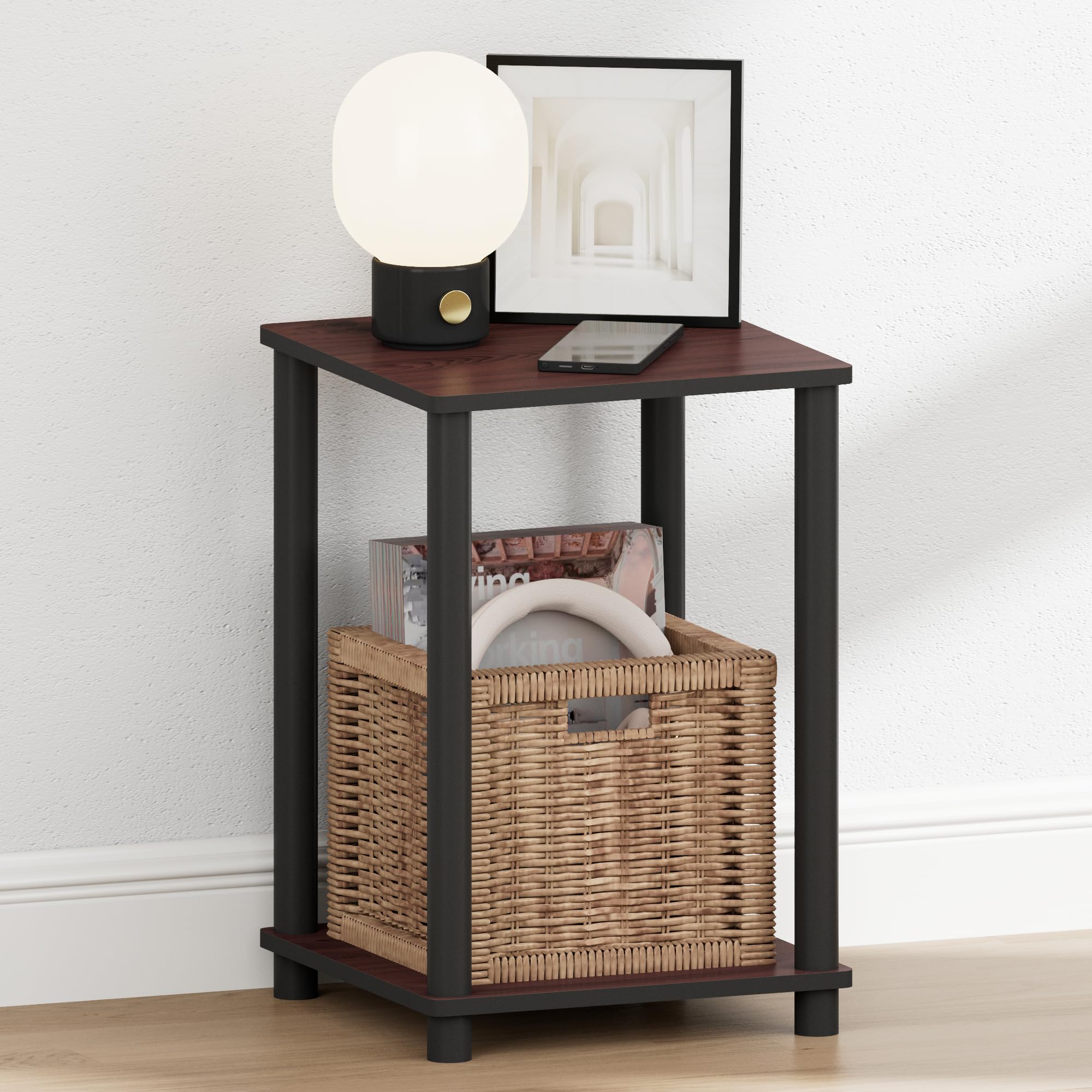 Furinno TURN-N-TUBE Night Stand, 2-Tier Open Shelf Design Nightstand, Toolless Square Bedside Table, End Table, Side Table, for Bedroom, Closet