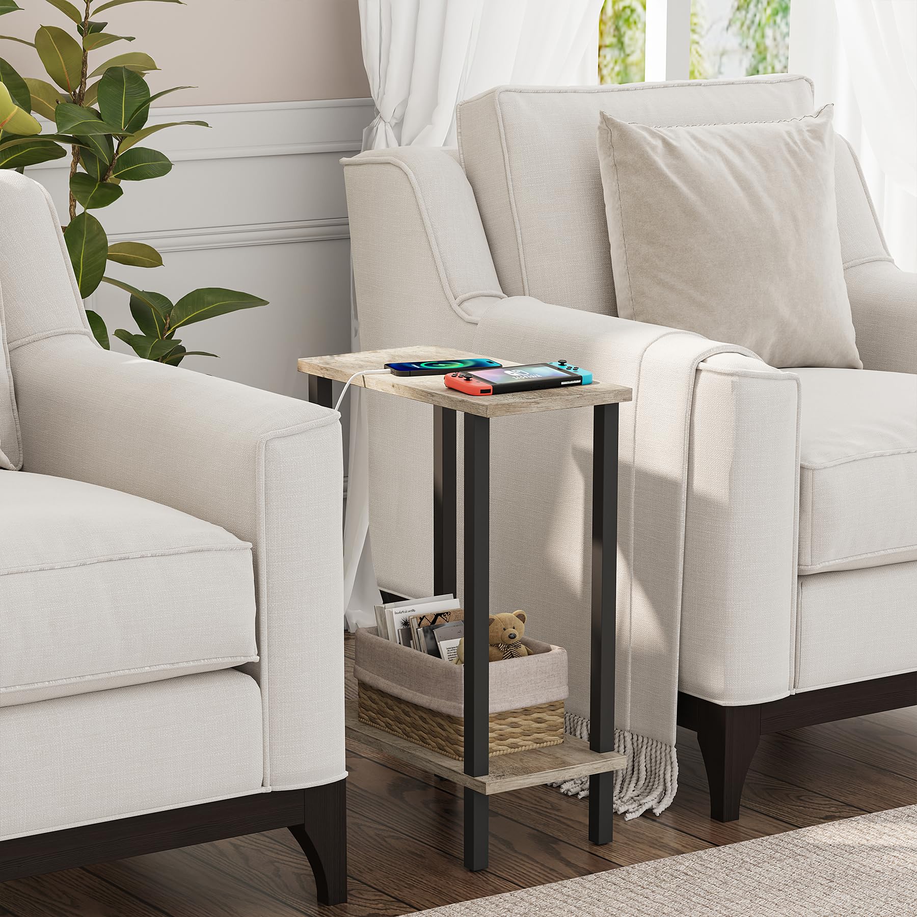 TUTOTAK Small Side Table, Narrow End Table, Skinny Sofa Table, Slim Nightstand, Living Room, Bed Room, Greige TB01BG062EU