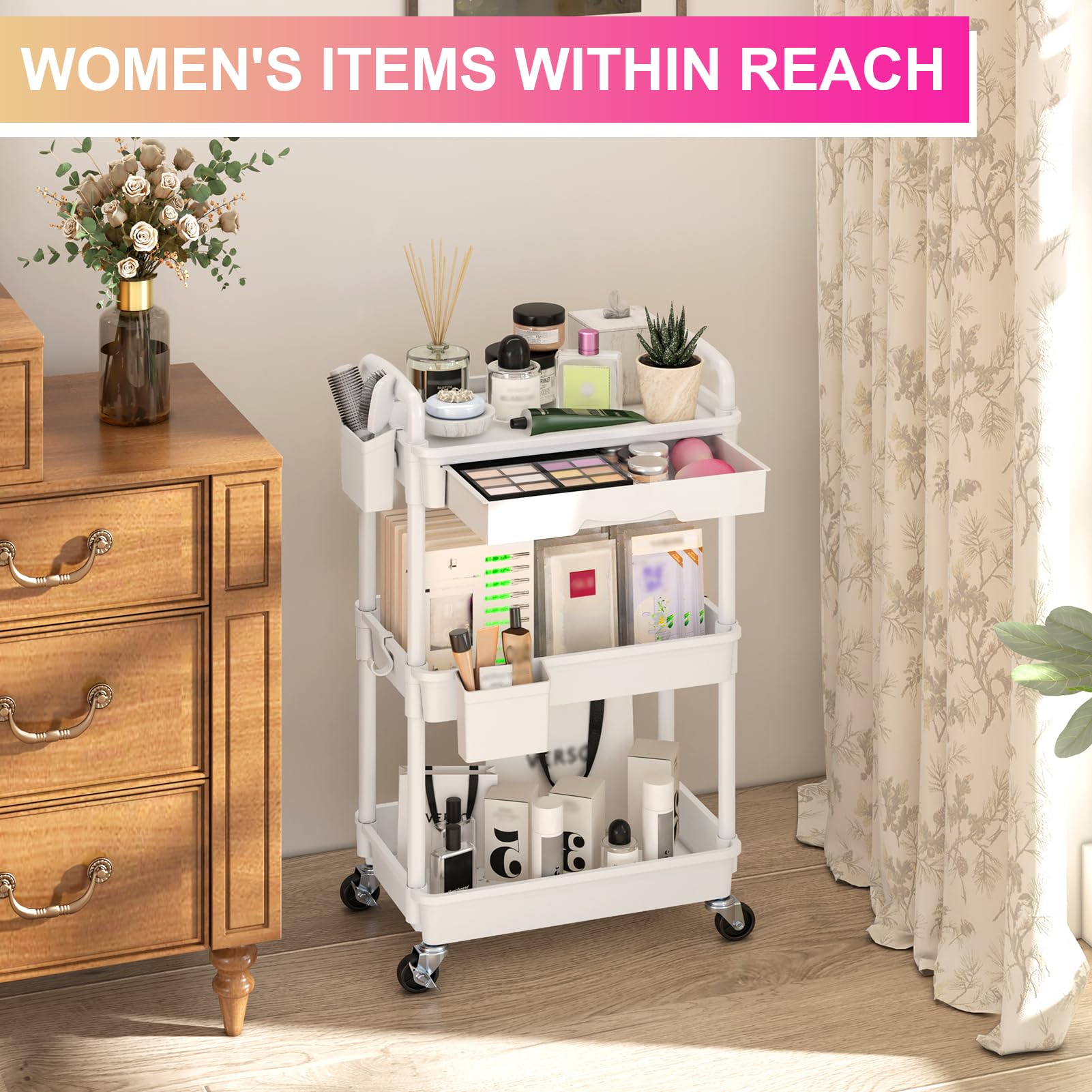 Yeabett 3 Tier Storage Trolley with Drawer, Utility Cart with Plastic Shelf & Lockable Wheels Multifunctional Storage Cart for Kitchen, Bathroom