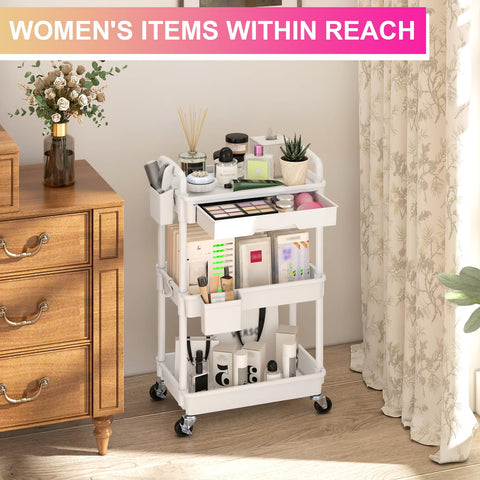 Yeabett 3 Tier Storage Trolley with Drawer, Utility Cart with Plastic Shelf & Lockable Wheels Multifunctional Storage Cart for Kitchen, Bathroom