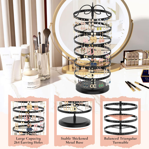 iDavosic.ly 6 Tier Metal Rotating Earring Holder Organizer, 264 Holes Earring Storage Display Tower Rack, Adjustable Earring Tree Organizer for Women