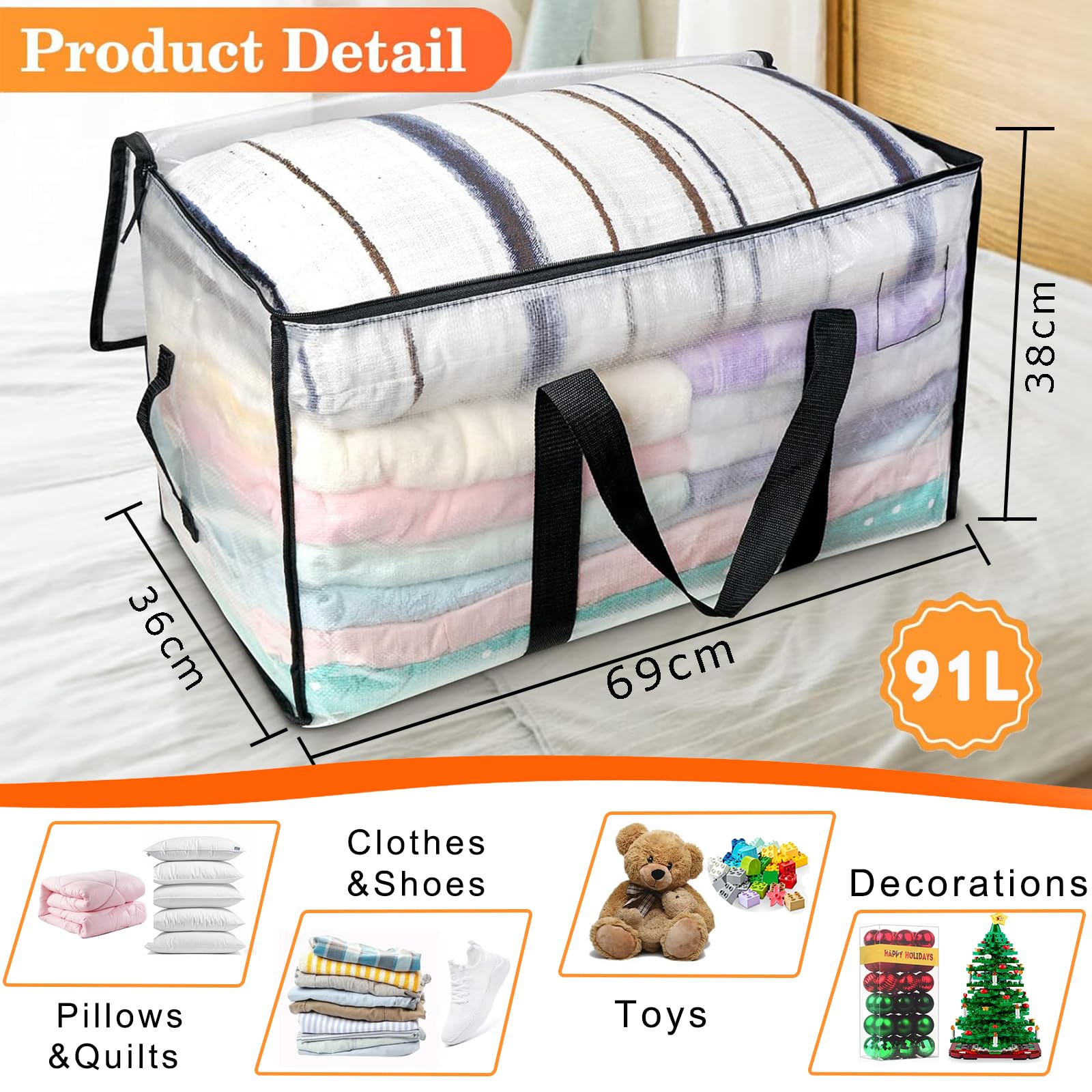Clothes Storage Bags with Lids, 6 Pack Heavy-Duty Moving Bags for Moving, Clothes Storage, Laundry Bag, Packing, House Solutions（Transparent ）