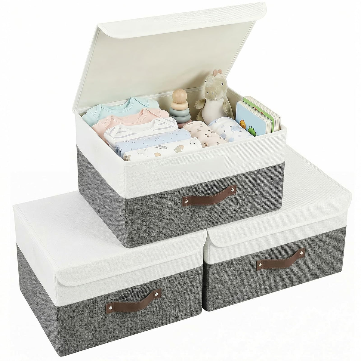 zxevg Storage Boxes 3 Pack Stackable with Lids White Linen