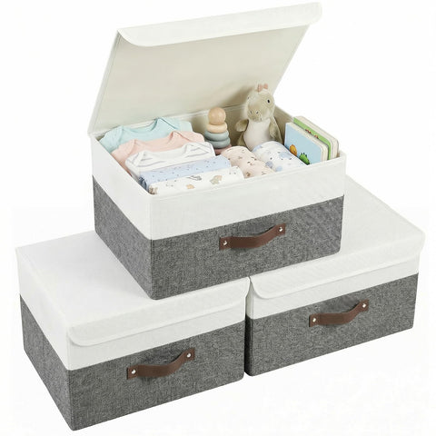 zxevg Storage Boxes 3 Pack Stackable with Lids White Linen
