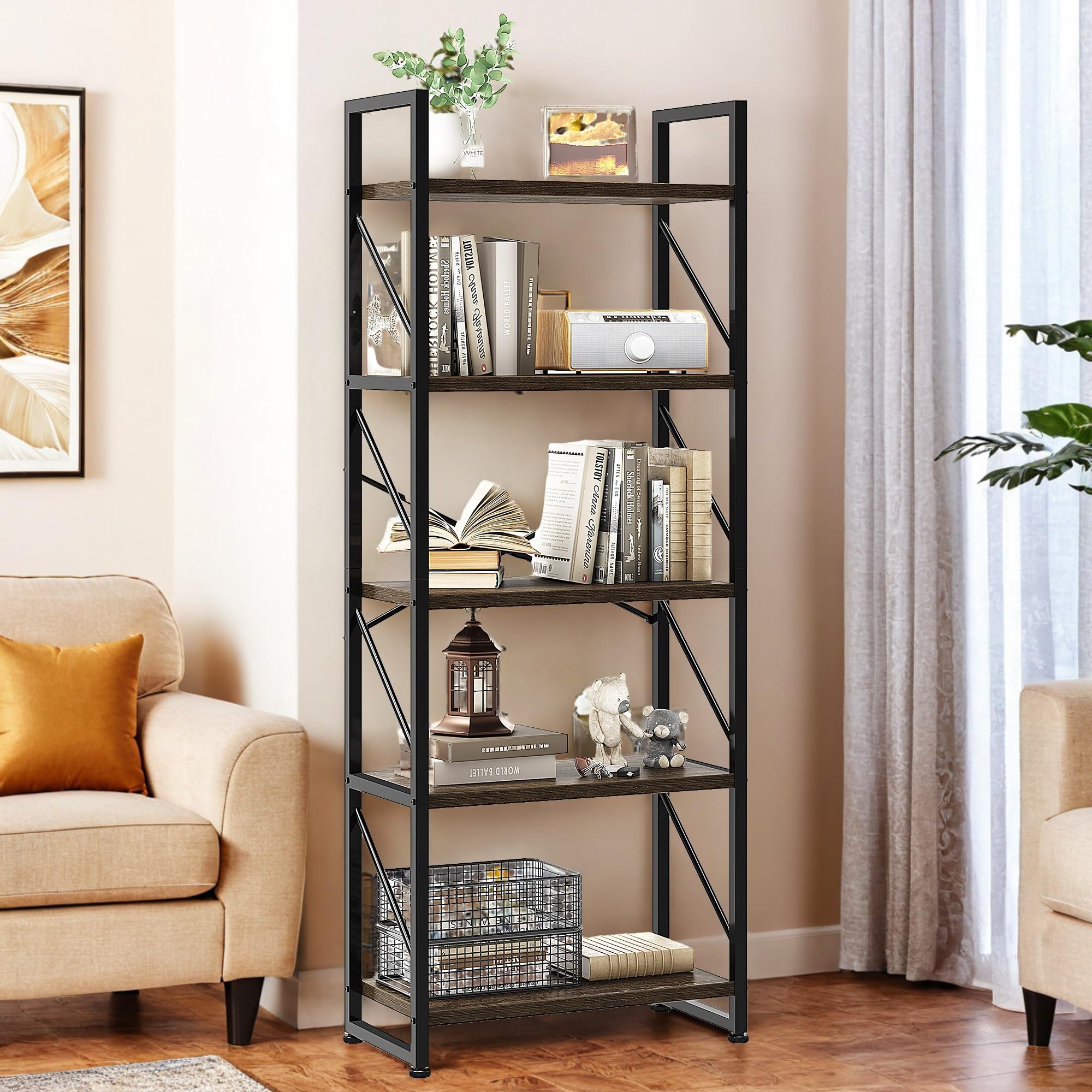 YITAHOME Bookshelf, 5 Tiers Bookcase Tall Book shelf with Metal Frame, Industrial Display Storage Rack