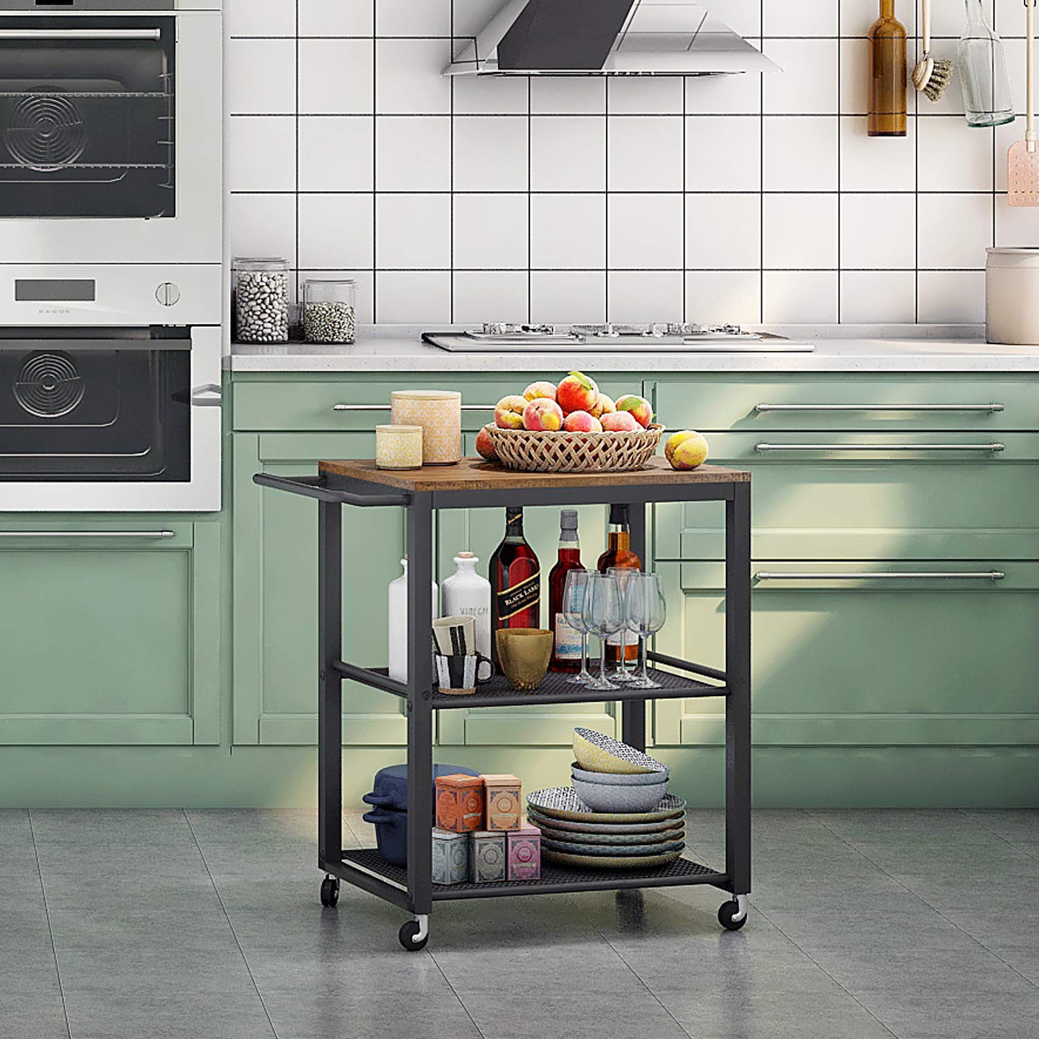 Meerveil Kitchen Trolley on Wheels, 3 Tier Serving Rolling Cart with Towel Rack and Storage Shelves