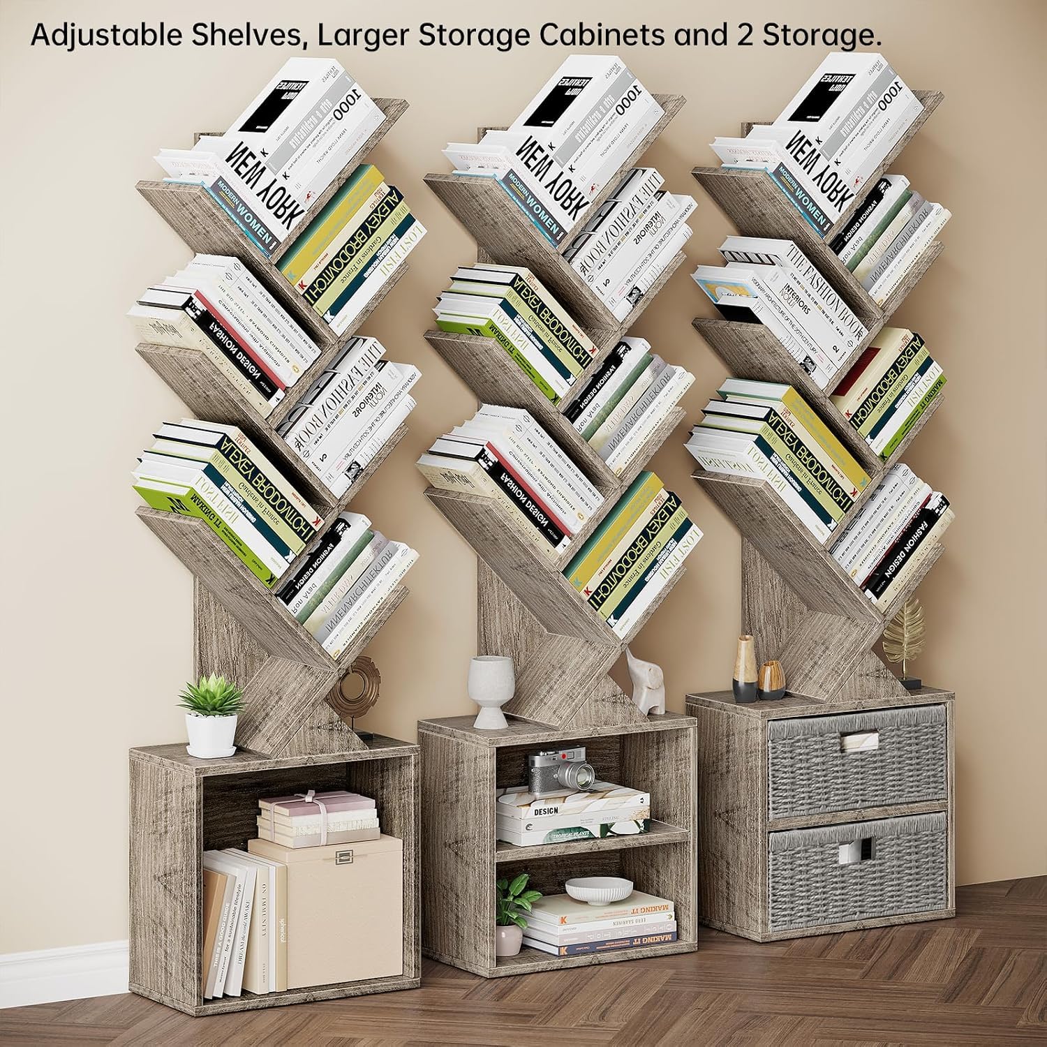 Vagusicc 6 Tier Tree Bookshelf, Modern Floor Standing Bookcase with Storage Drawer, Space Saving Storage Organizer Book Shelves for Books