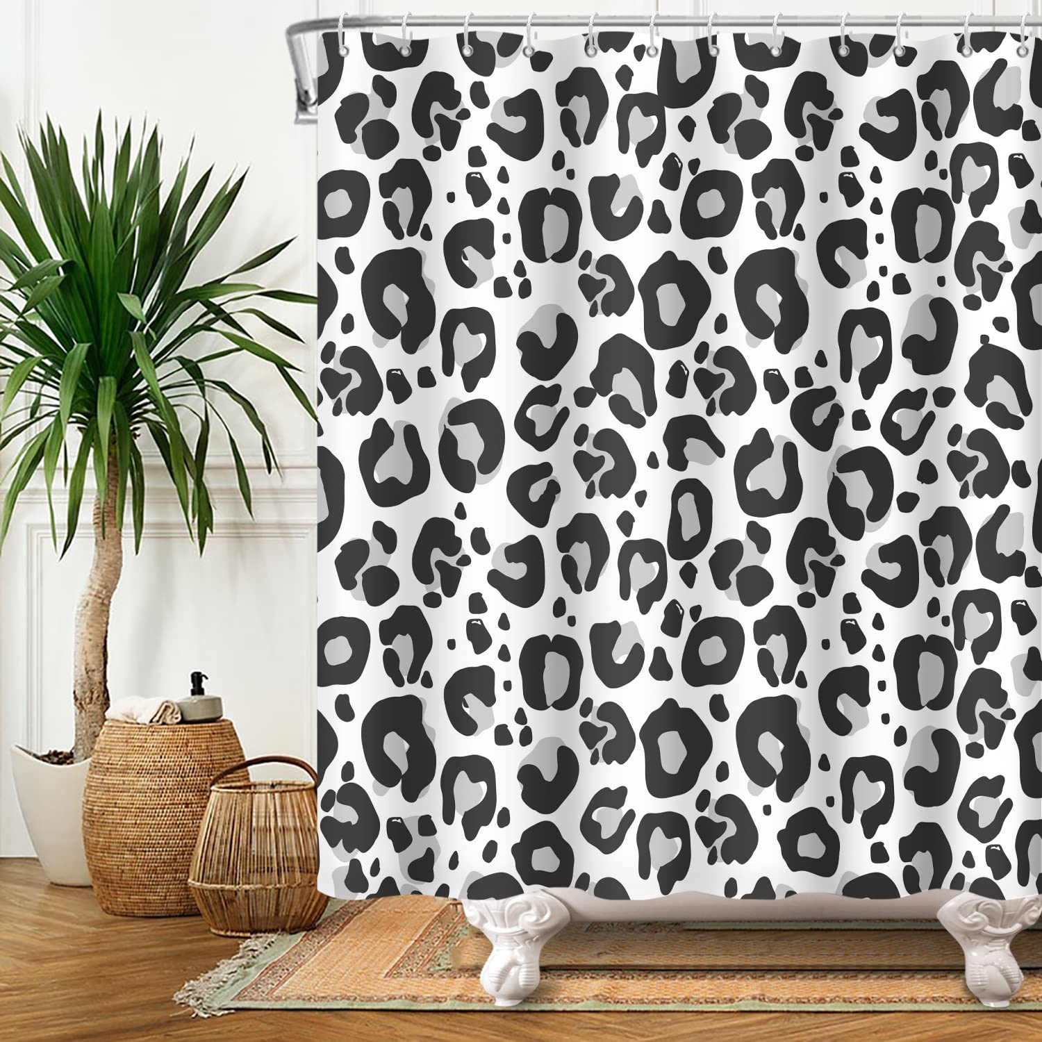 Bovlleetd 60x72inch Black and White Shower Curtain Leopard Print Pattern Black White Bath Shower Curtain Polyester Waterproof Bathroom Set with Hook