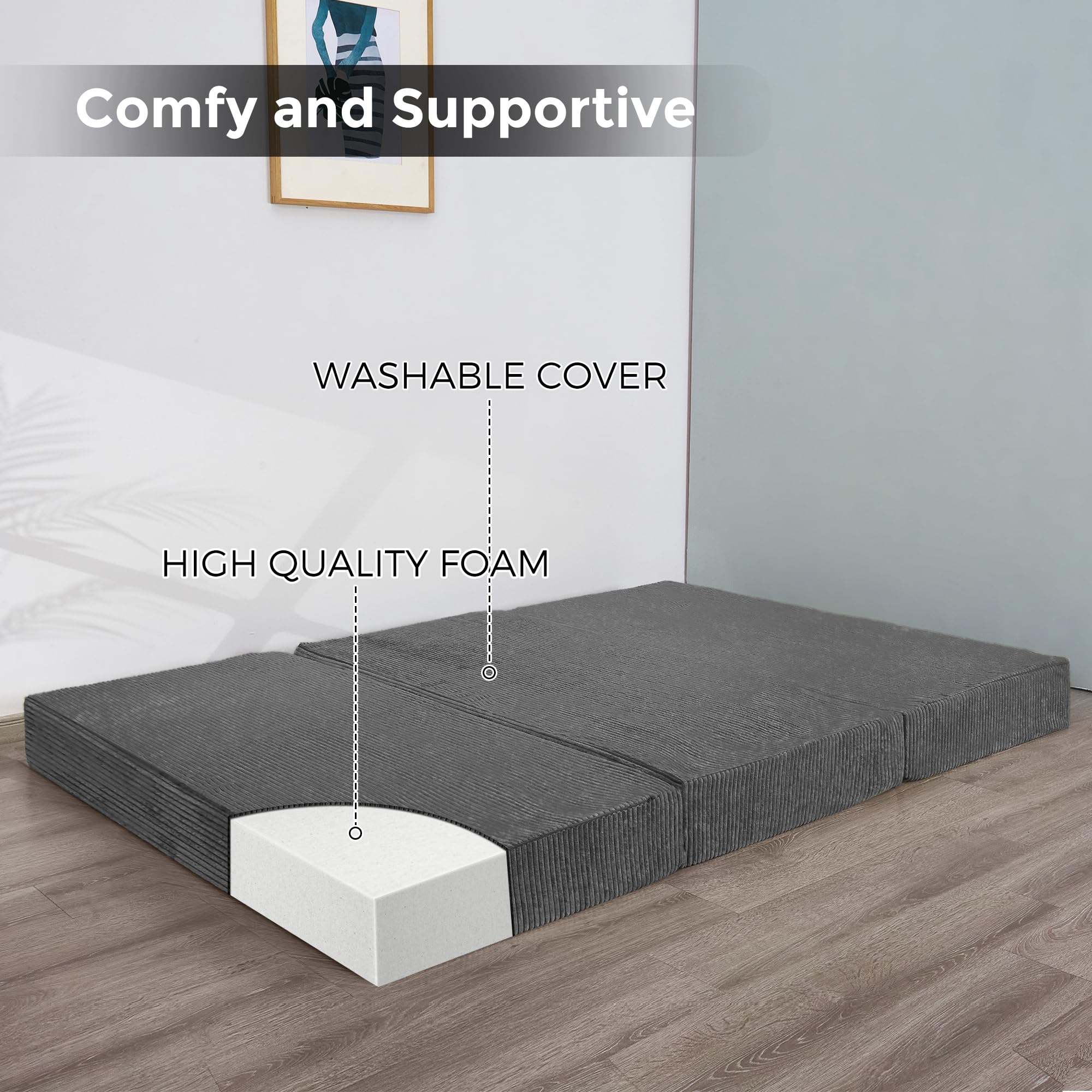 MAXYOYO Folding Corduroy Mattress, Tri Fold Floor Mattress 10cm thick with Washable Covers,Foldable in Three,Space-Saving for Guest (Charcoal, Double)