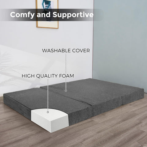 MAXYOYO Folding Corduroy Mattress, Tri Fold Floor Mattress 10cm thick with Washable Covers,Foldable in Three,Space-Saving for Guest (Charcoal, Double)