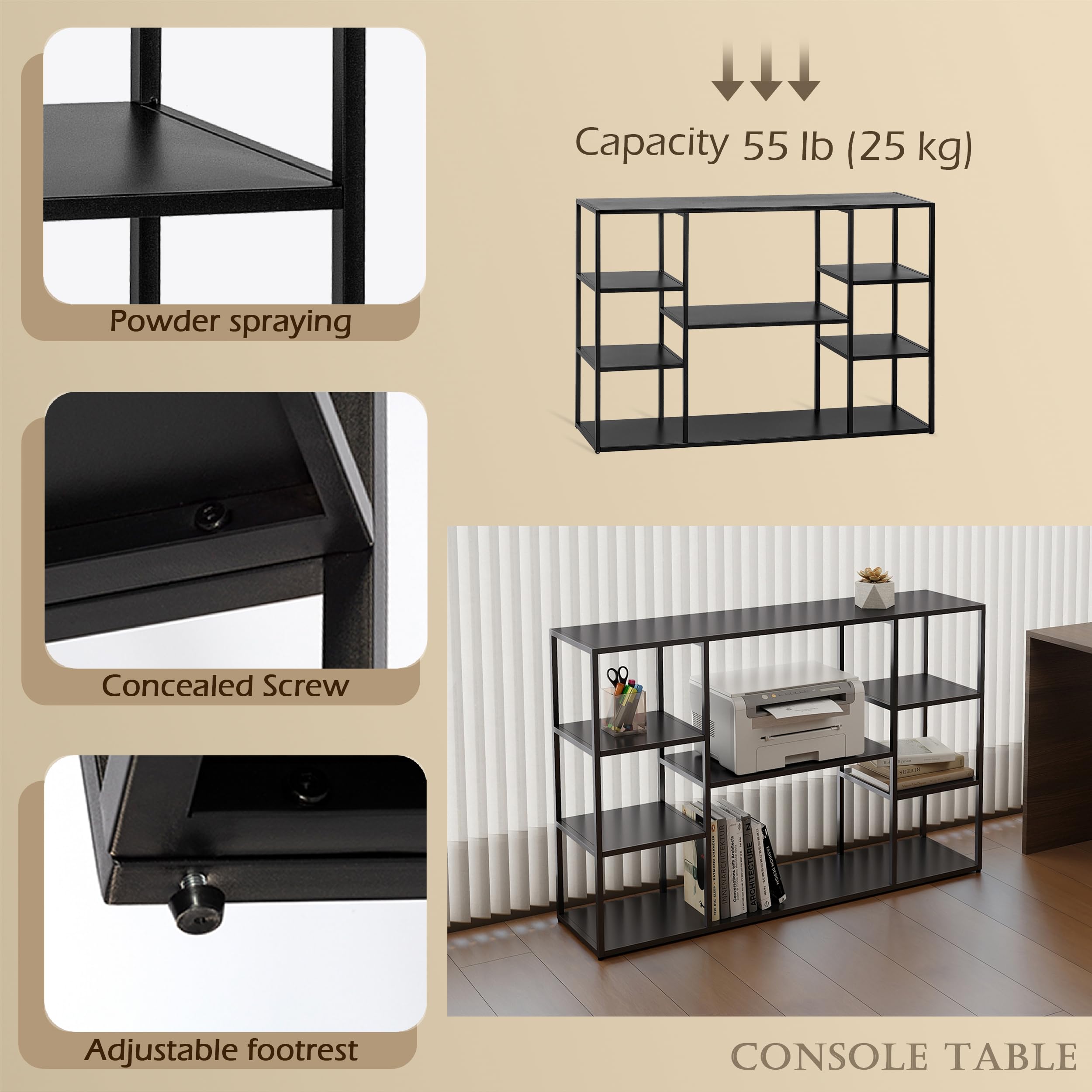 HDANI 120cm Long Sofa Console Table,Narrow Modern Entryway Table Behind Couch with Storage Shelves,4 tier Shelf Bookshelf for Living