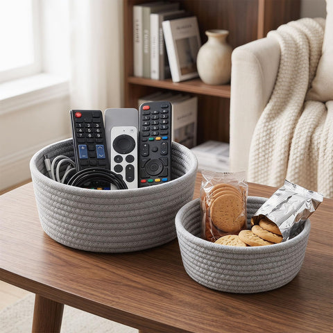 3 Pcs Small Woven Baskets, Cotton Rope Round Organizer for Shelves