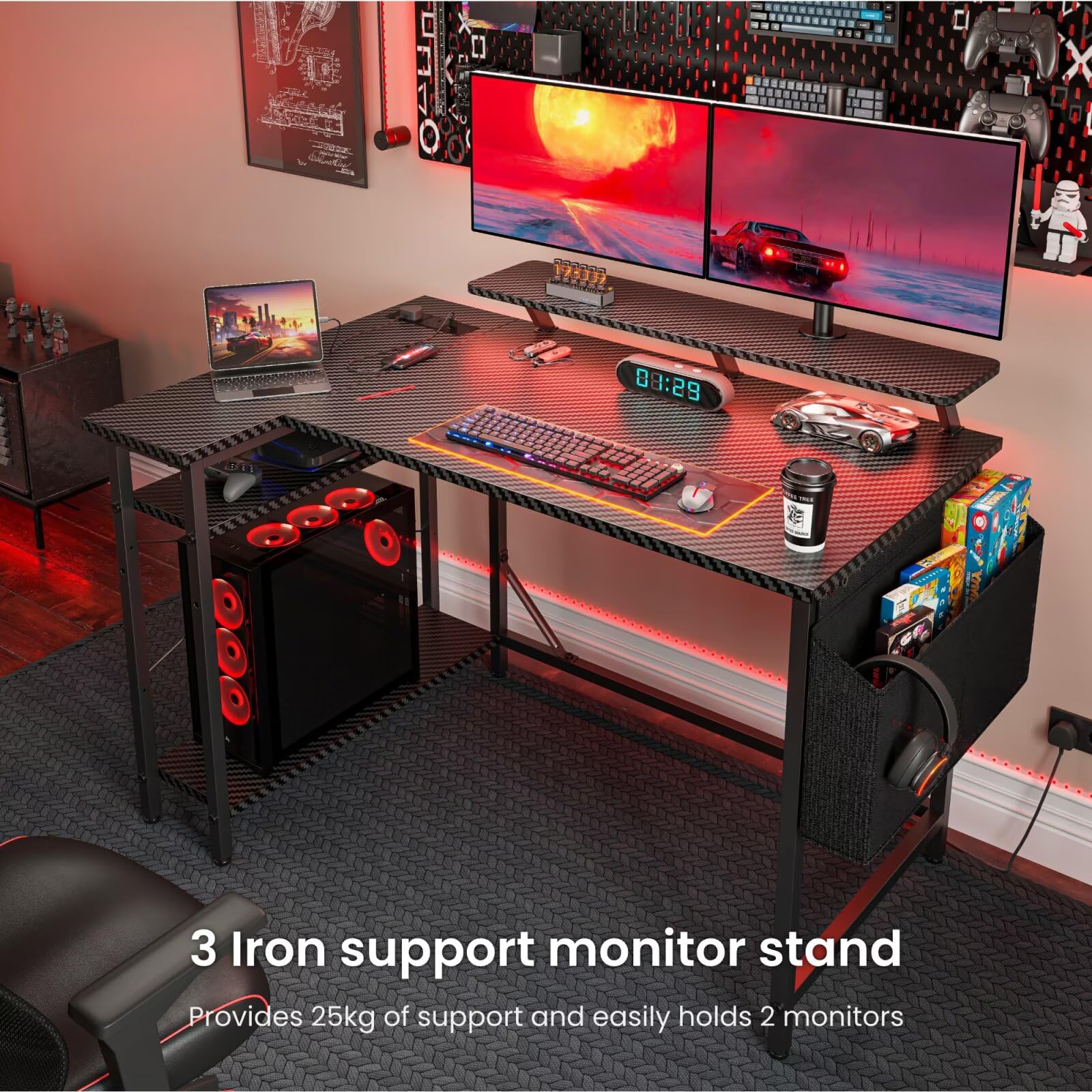 DOMSHOCT L Shaped Gaming Desk with LED Lights & Power Outlets, 120*80cm Corner Computer Table with Storage Bag & Adjustable Shelves & Large Monitor
