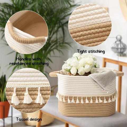 danpinera Storage Baskets 38x25x22cm – Woven Storage Basket with Tassels, Toy Basket with Handle, Rope Organizer for Living Room, Bathroom Baskets
