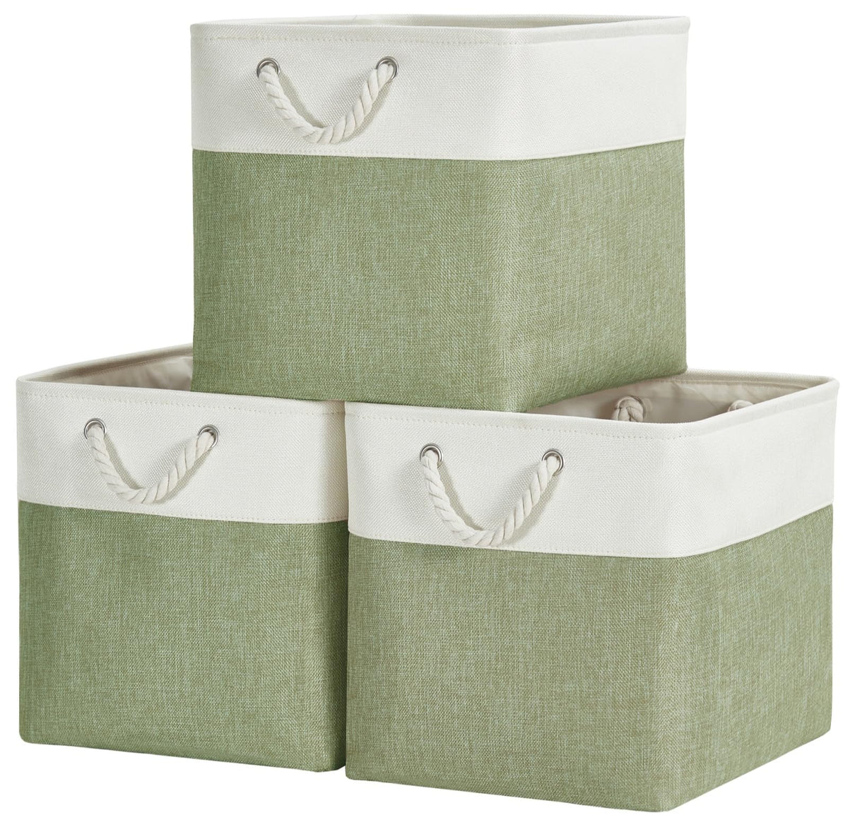 SOCOHOME Fabric Cube Storage Boxes,30x30x30cm Canvas Storage Baskets for Nursery Closet Toys Shelf(Green/White, Set of 3)