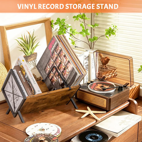 24LP Vinyl Record Storage Rack, Wood & Iron Rack with Adjustable Divider