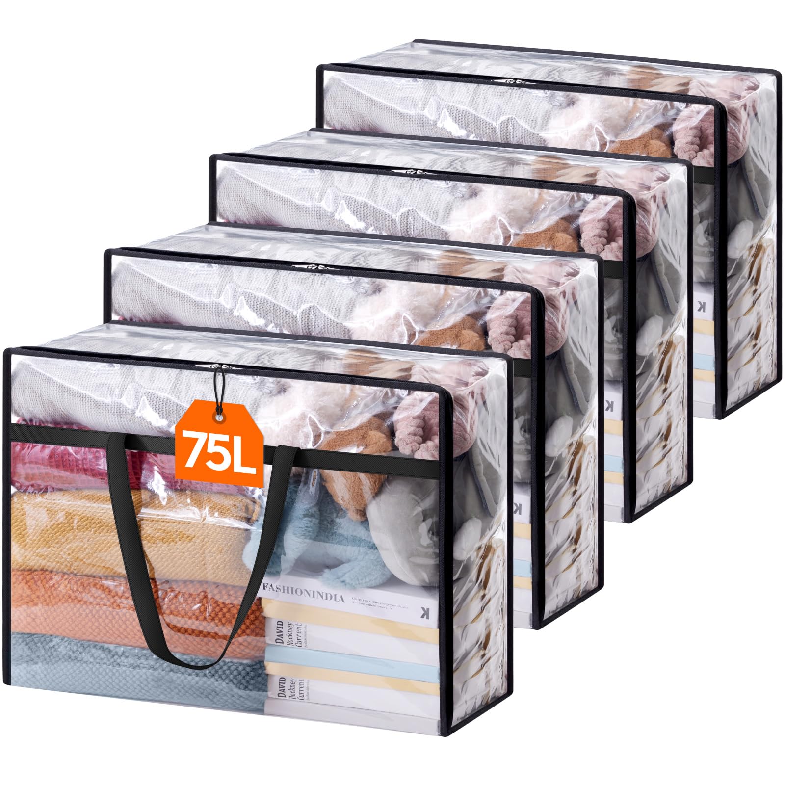 Lifewit 4 Pack Clear Storage Bags, 75L Plastic Clothes Storage Bags
