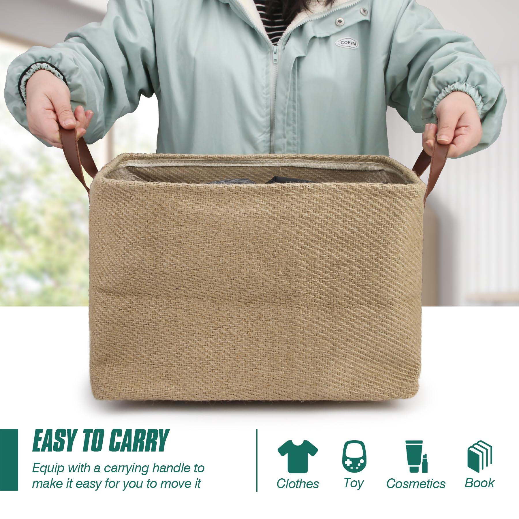 Spesh Jute Storage Basket with Handles, 38 * 27 * 28cm Collapsible Natural Woven Organiser Box Square Jute Storage Bin for Shelves Bathroom