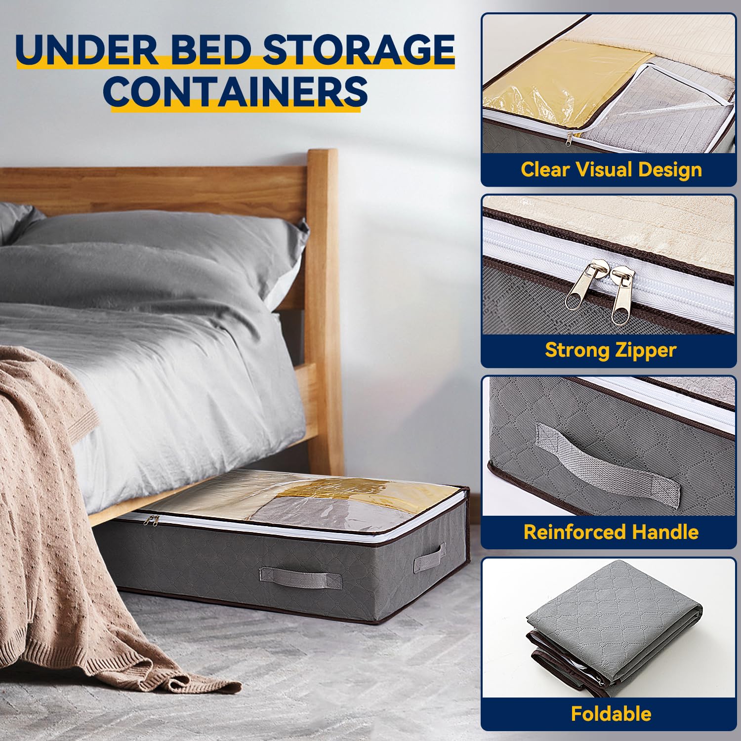 Boic 3 Pack Underbed Storage, 90L Underbed Storage Bags, Under Bed Storage Box With Lid With Zips Bags With Handle For Clothes Quilts Blankets Beddin