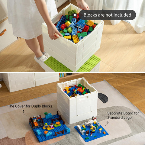 SHIMOYAMA Collapsible Storage Box with Baseplate Lid for Duplo, 25L Stackable Bin with Separate Building Board for Lego