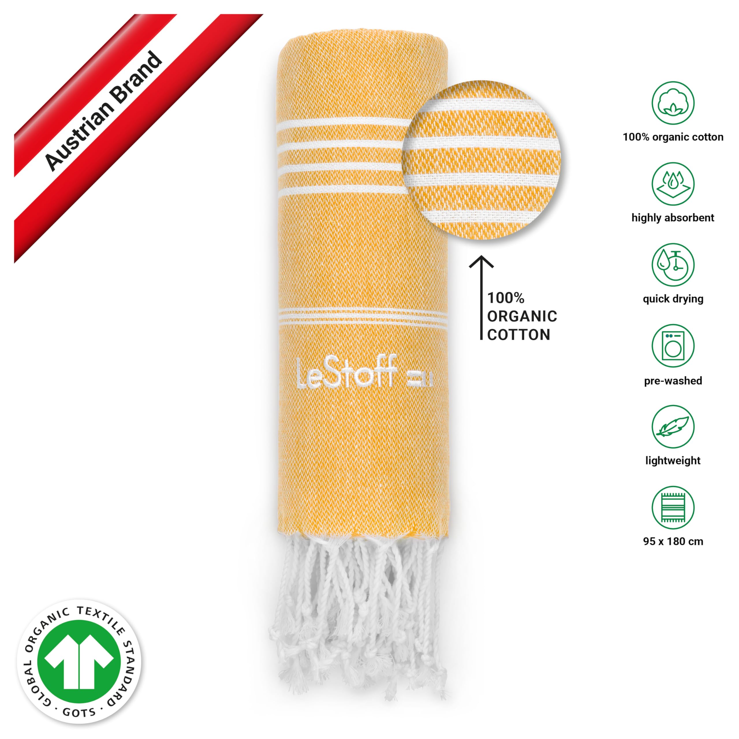 LeStoff 2 Hammam Towels/Beach Towels, 100% Organic Cotton, Turquoise/Yellow