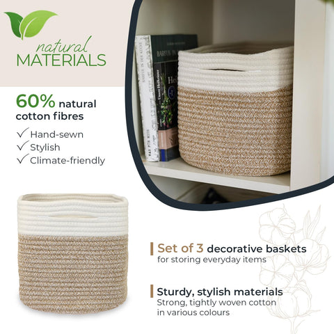 HMF Storage Basket with Hidden Handles, Set of 3, Cotton Basket, 37.5 x 25 x 22.5 cm, White/Brown