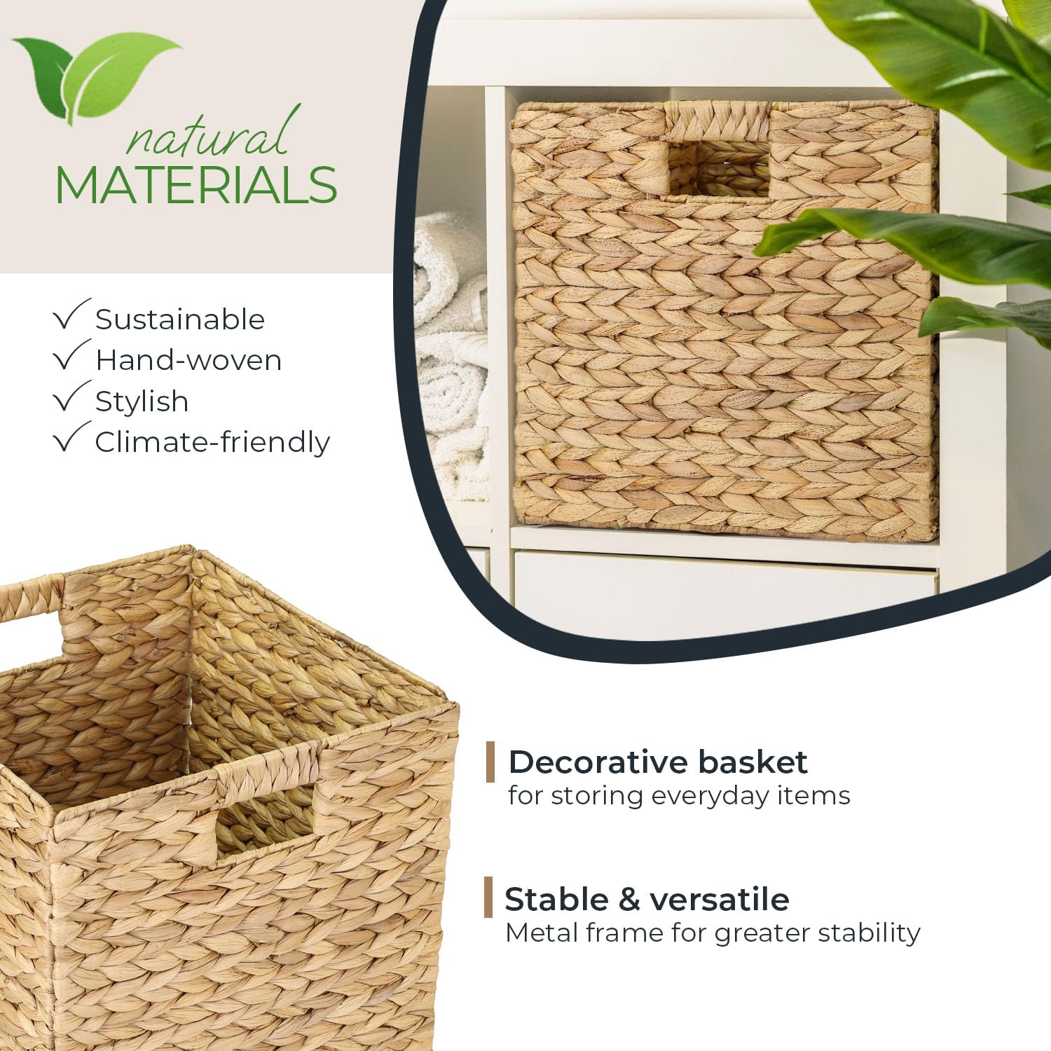 HMF Storage Basket Suitable for KALLAX Shelving Unit, Woven Water Hyacinth Basket with Handles | Set of 2 | 32 x 34,5 x 32 cm | Nature